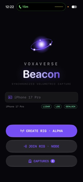 Beacon home screen on iPhone 17 Pro with Create Rig, Join Rig and Captures actions