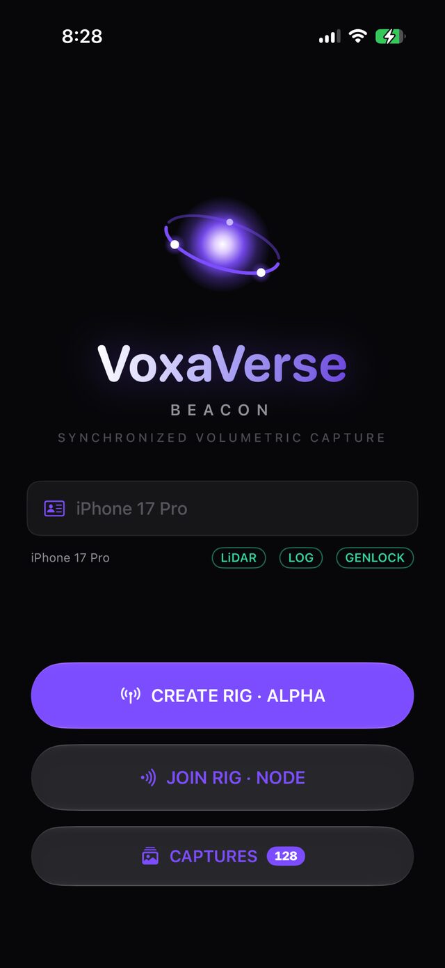 Beacon home screen on an iPhone 17 Pro showing Create Rig, Join Rig and Captures, with LiDAR, Log and genlock capability badges
