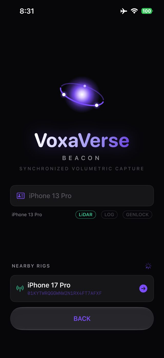 The join screen on an iPhone 13 Pro, listing a nearby iPhone 17 Pro rig ready to join