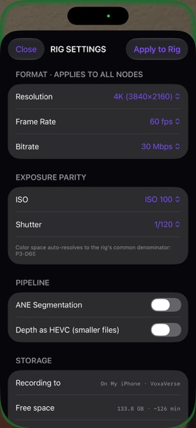 Rig settings sheet with resolution, frame rate, bitrate and exposure parity controls
