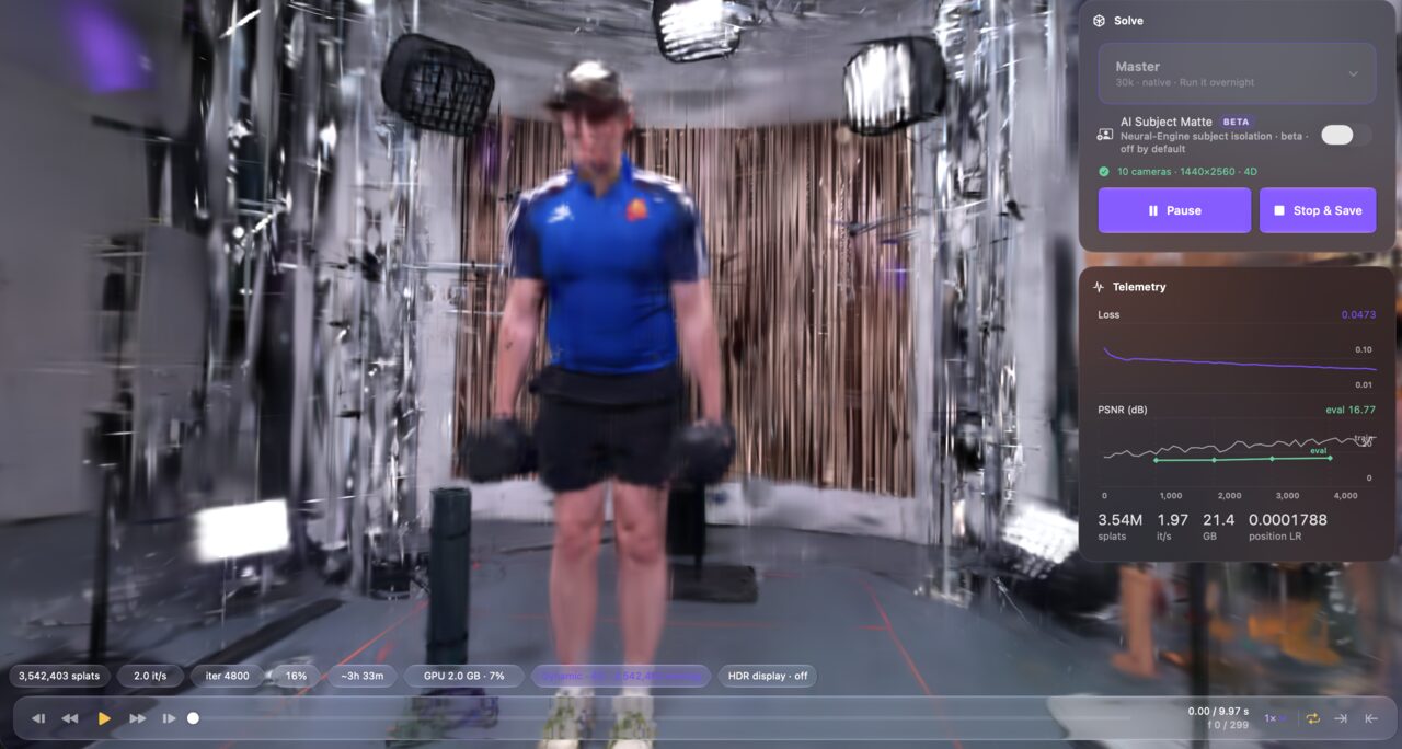 A ten-second rig capture part-way through its Solve in Prism: an athlete lifting dumbbells resolving in the viewport, a Solve panel naming the tier and the ten-camera source, and a telemetry rail reporting the loss curve, the evaluation curve, the splat count, the iteration rate and the memory in use